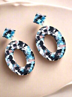 Zinnia Abstracts Geometric Statement Dangle Earrings Open Oval Black Blue